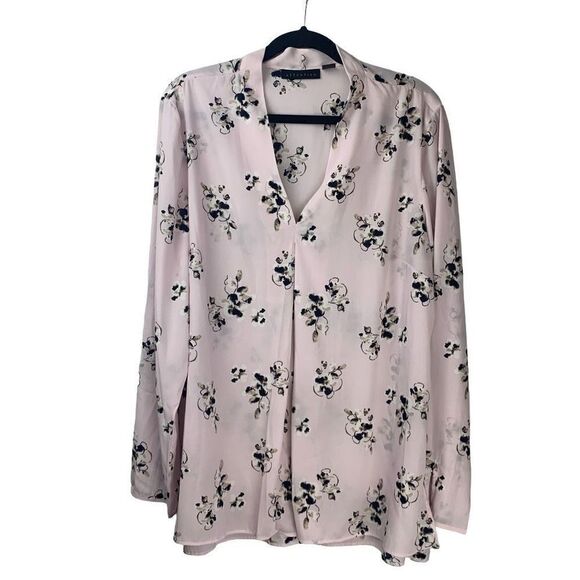 Attention Pink V-neck Long Sleeve Floral White Blouse Top Size XL - Picture 1 of 8
